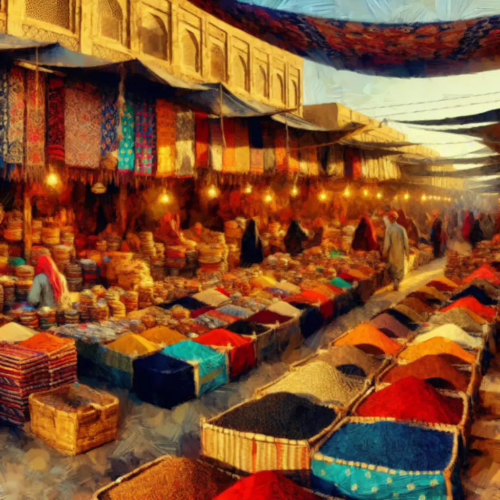 Panorama tętniącego życiem orientalnego bazaru z kolorowymi straganami