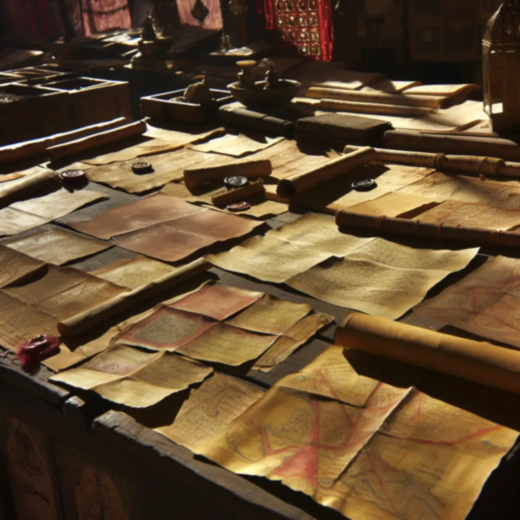 Zwoje i mapy leżące na drewnianym stole