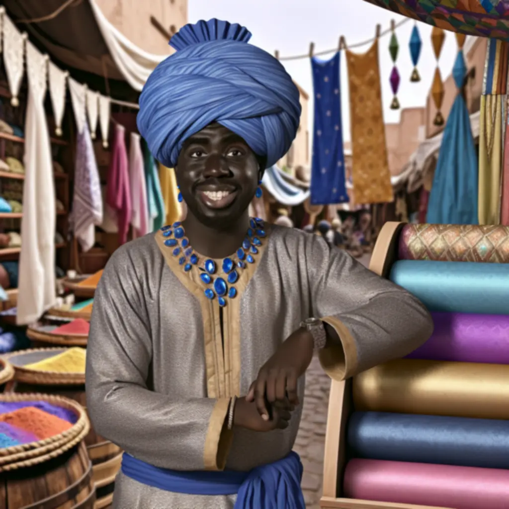 Uśmiechnięty kupiec przy stoisku z tkaninami i przyprawami