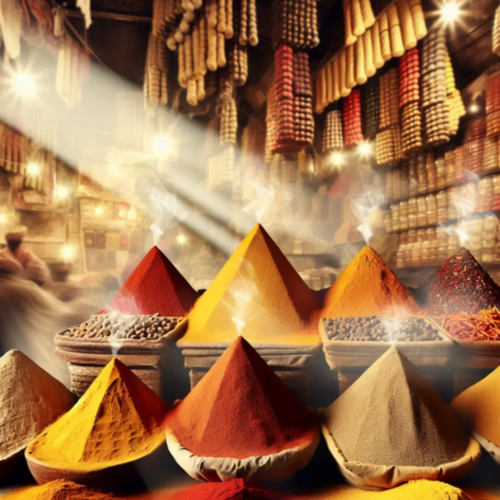 Kolorowe piramidy przypraw: kurkuma, szafran, kumin