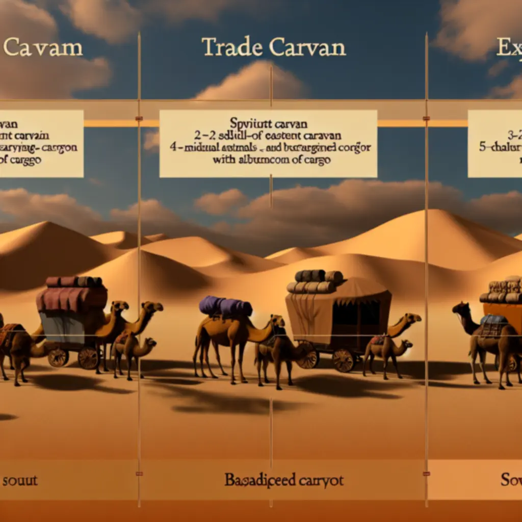 Schemat porównujący typy karawan: lekka, handlowa i wyprawowa