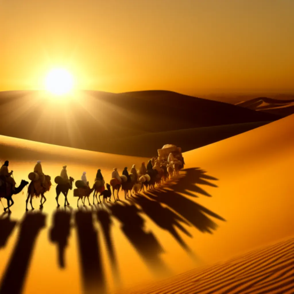 Karawana kupiecka przemierzająca złote wydmy o świcie