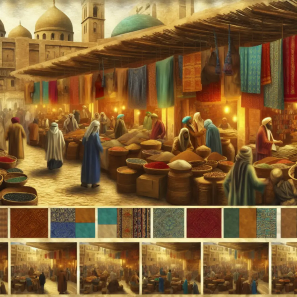 Ilustracja tętniącego życiem orientalnego bazaru z kupcami i towarami