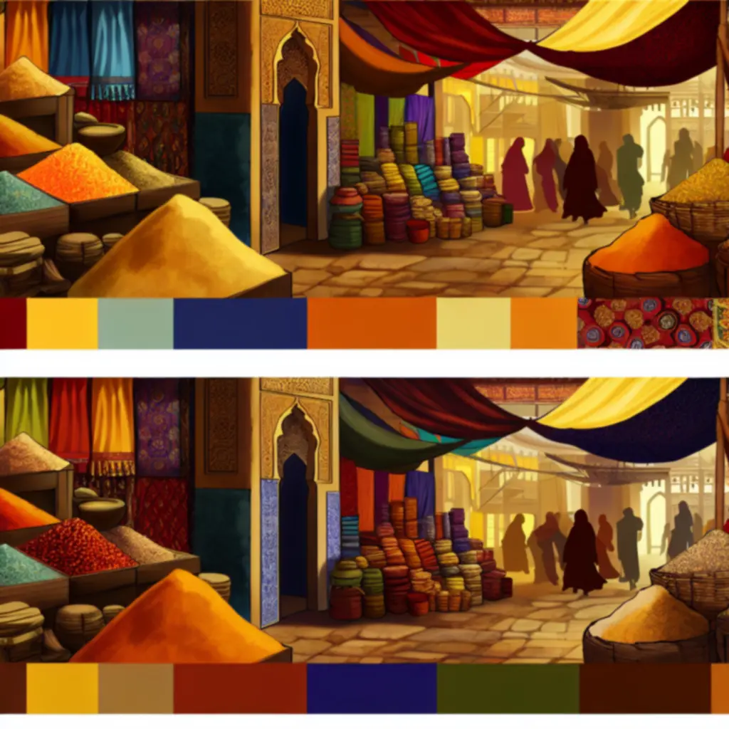 Kramy na rynku z przyprawami i tkaninami, wprowadzające w klimat gry