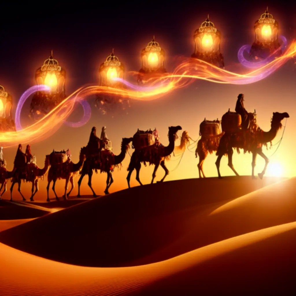 Karawana w świetle zachodu słońca na tle wydm, niosąca skrzynie i lampy