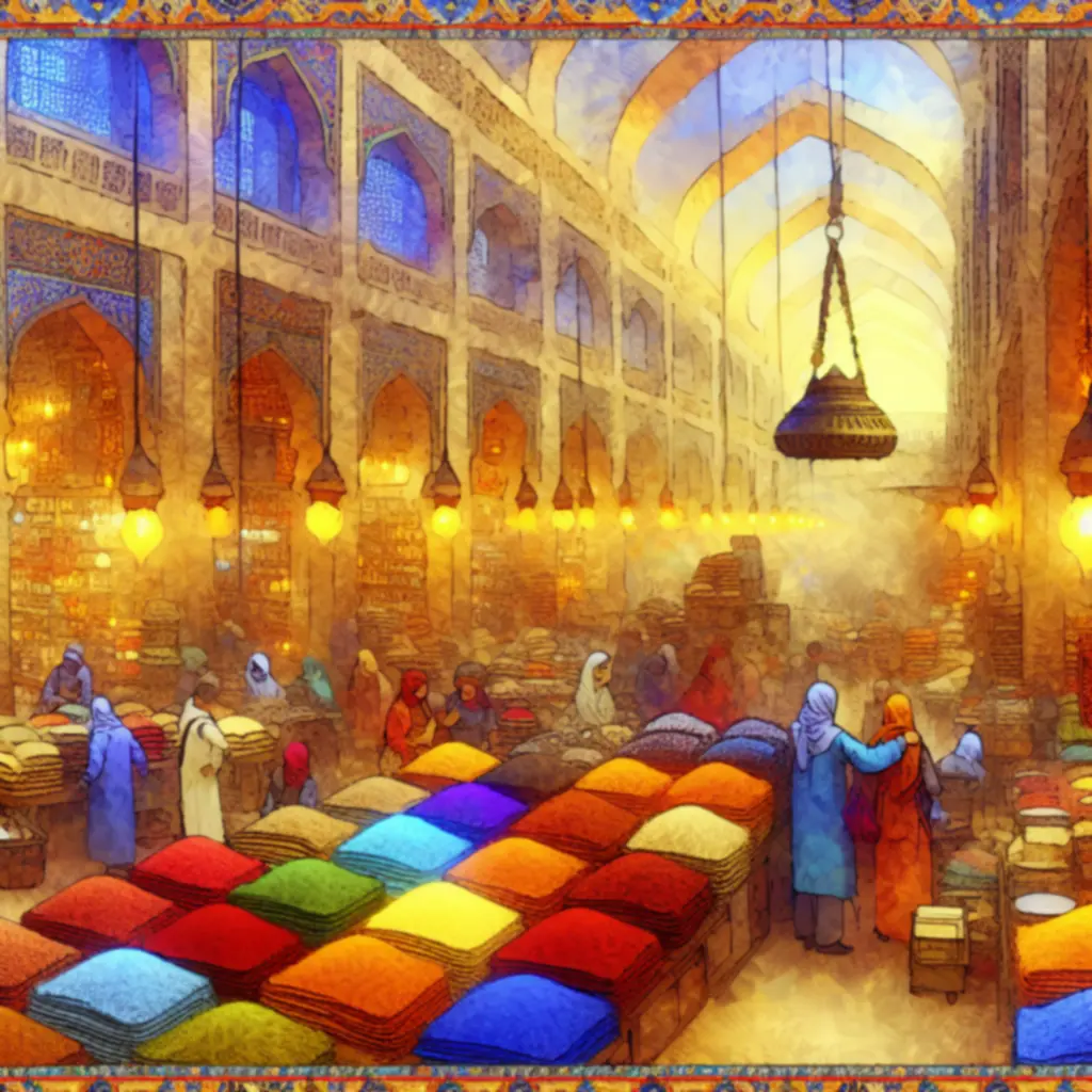 Ilustracja tętniącego życiem wschodniego bazaru z dywanami, przyprawami i lampami