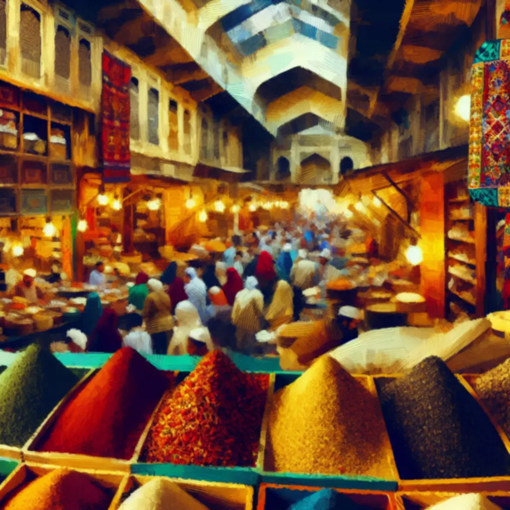 Ilustracja tętniącego życiem orientalnego rynku z kramami przypraw i tkanin