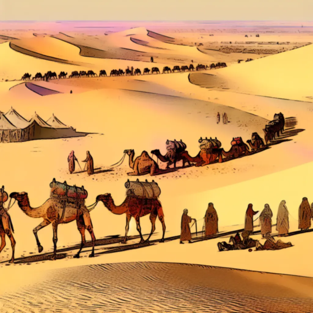Karawana przemierzająca pustynię pośród wydm