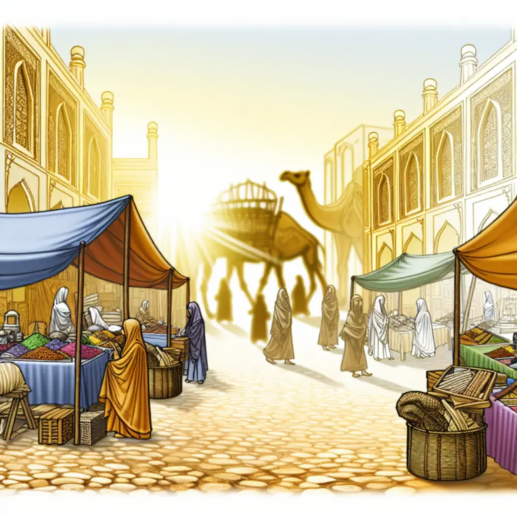 Ilustracja orientalnego bazaru i karawany symbolizująca mechaniki gry