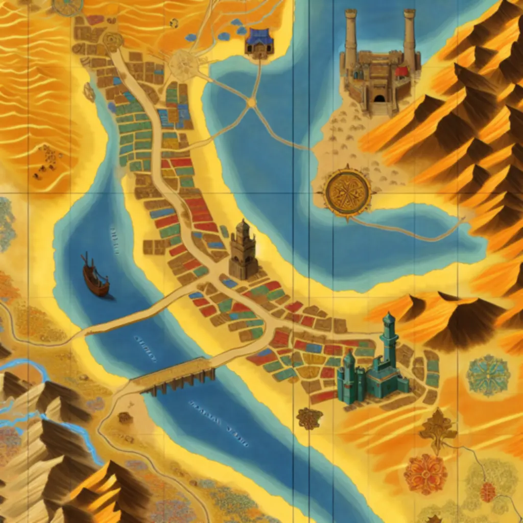 Stylizowana mapa krain: porty, bazary i trasy karawan w ciepłej palecie pustyni
