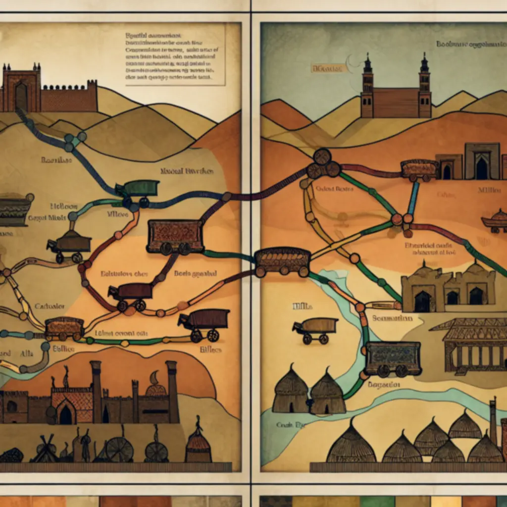 Schemat sieci handlowej łączącej bazary i trasy karawan